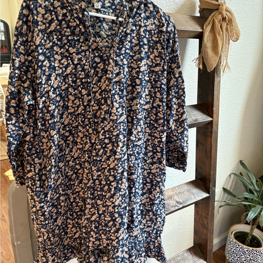 Floral Navy and Beige Dress with pockets